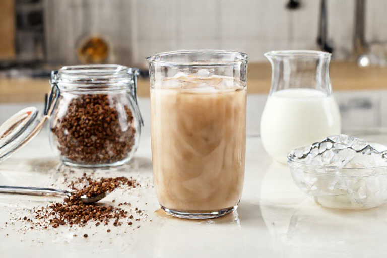 Nescafe, Milch und Eis für Eiskaffee vorbereiten