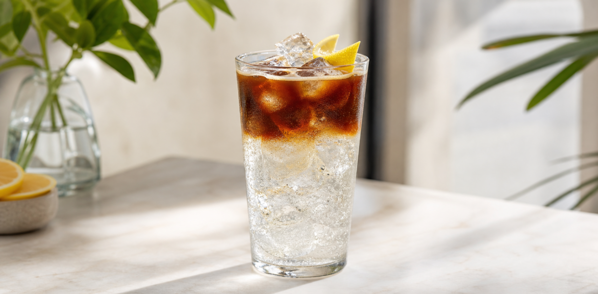 Espresso Tonic im hohen Glas mit Eis, deutlicher Kaffeeschicht und Zitronengarnitur
