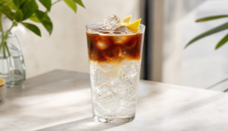 Espresso Tonic im hohen Glas mit Eis, deutlicher Kaffeeschicht und Zitronengarnitur