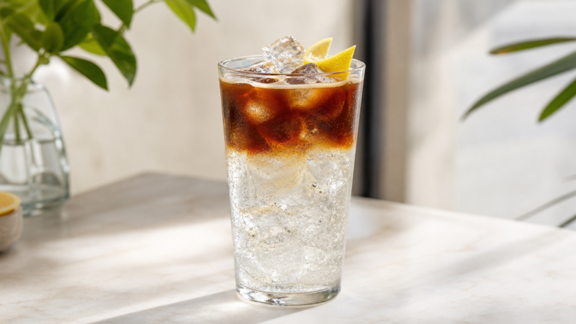 Espresso Tonic im hohen Glas mit Eis, deutlicher Kaffeeschicht und Zitronengarnitur