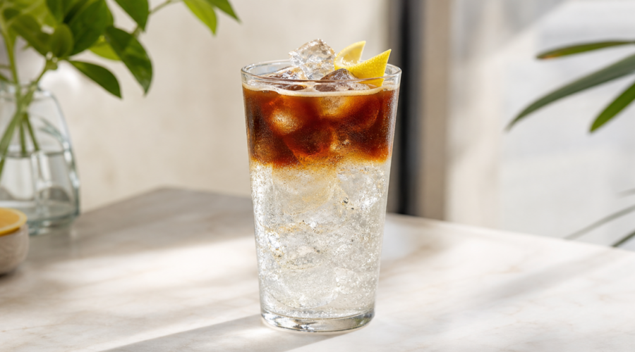 Espresso Tonic im hohen Glas mit Eis, deutlicher Kaffeeschicht und Zitronengarnitur