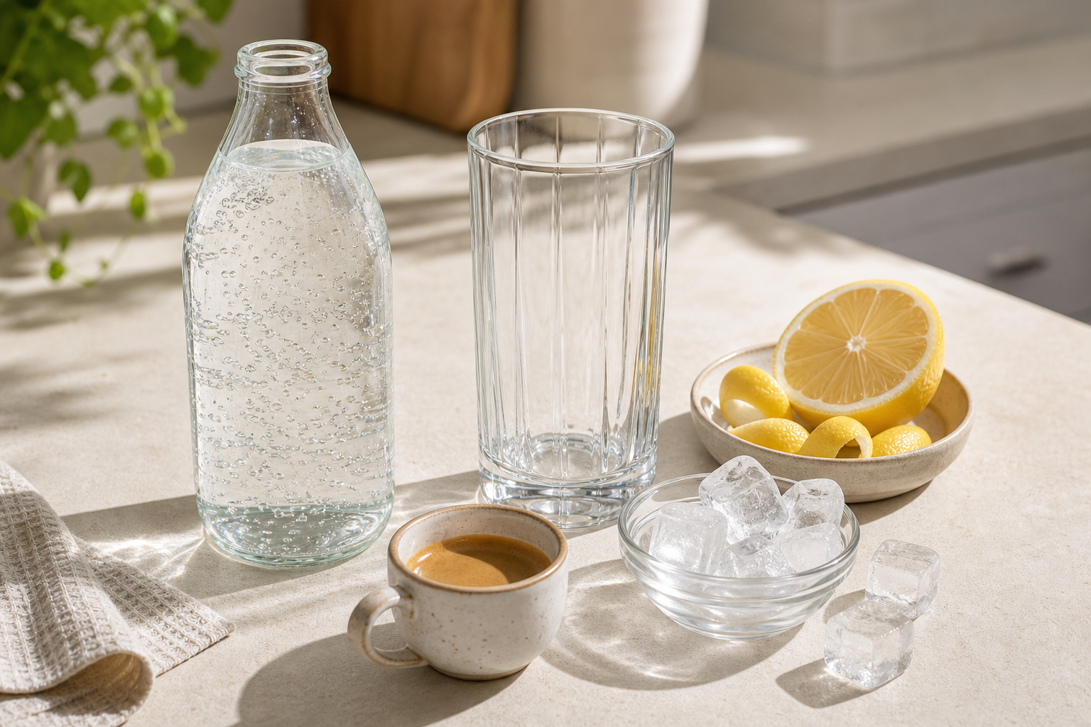 Zutaten fuer Espresso Tonic mit Espresso, Tonic Water, Eis, Glas und Zitrone auf heller Arbeitsflaeche